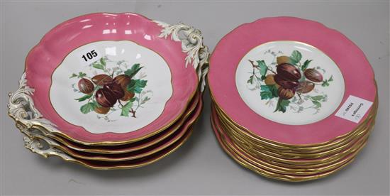 A Victorian pink ground part dessert service, painted with differing floral subjects (16)